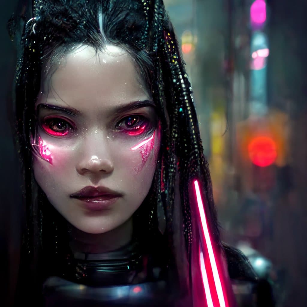 A close-up, cyberpunk-style digital portrait of a young woman with dark braided hair, glowing red eyes, and pink neon light reflections on her face, set against a blurred, neon-lit urban background. She holds a vertical pink light stick in front of her shoulder.