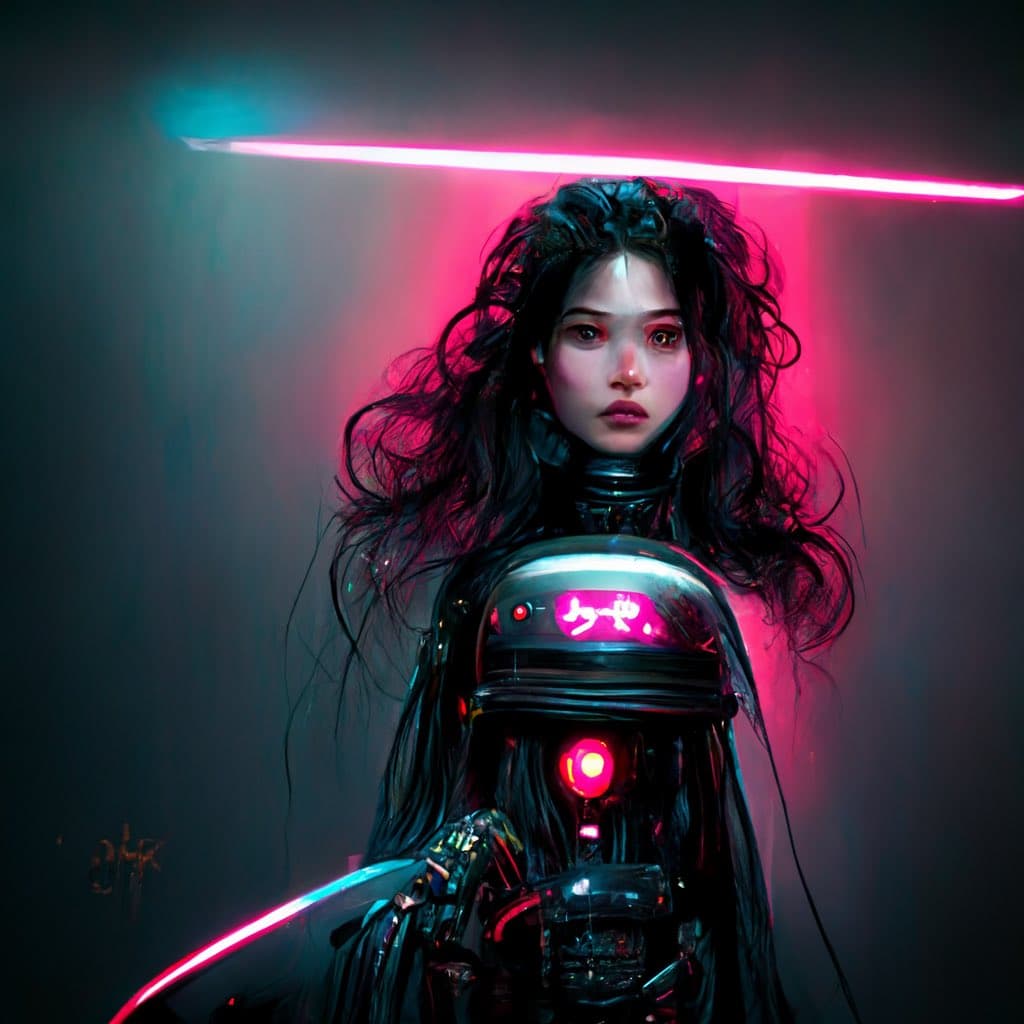 A digital art portrait of a woman with long, dark, wavy hair wearing futuristic, cybernetic armor, illuminated by pink and blue neon lights in a dark setting. The image features a glowing red light on the chest of the armor and a small, illegible pink symbol on the shoulder piece. A faint artist signature is visible in the bottom left corner.