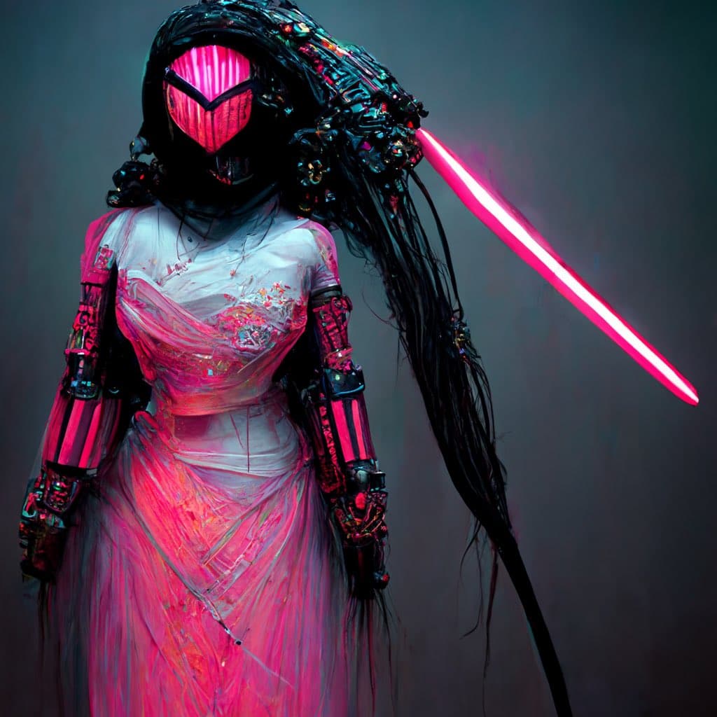 A digital artwork depicting a humanoid figure in a white dress with mechanical arm attachments and a glowing pink mask, holding a pink lightsaber-like weapon. The figure has long, dark, hair-like strands extending from its head and shoulders, set against a dark, neutral background.