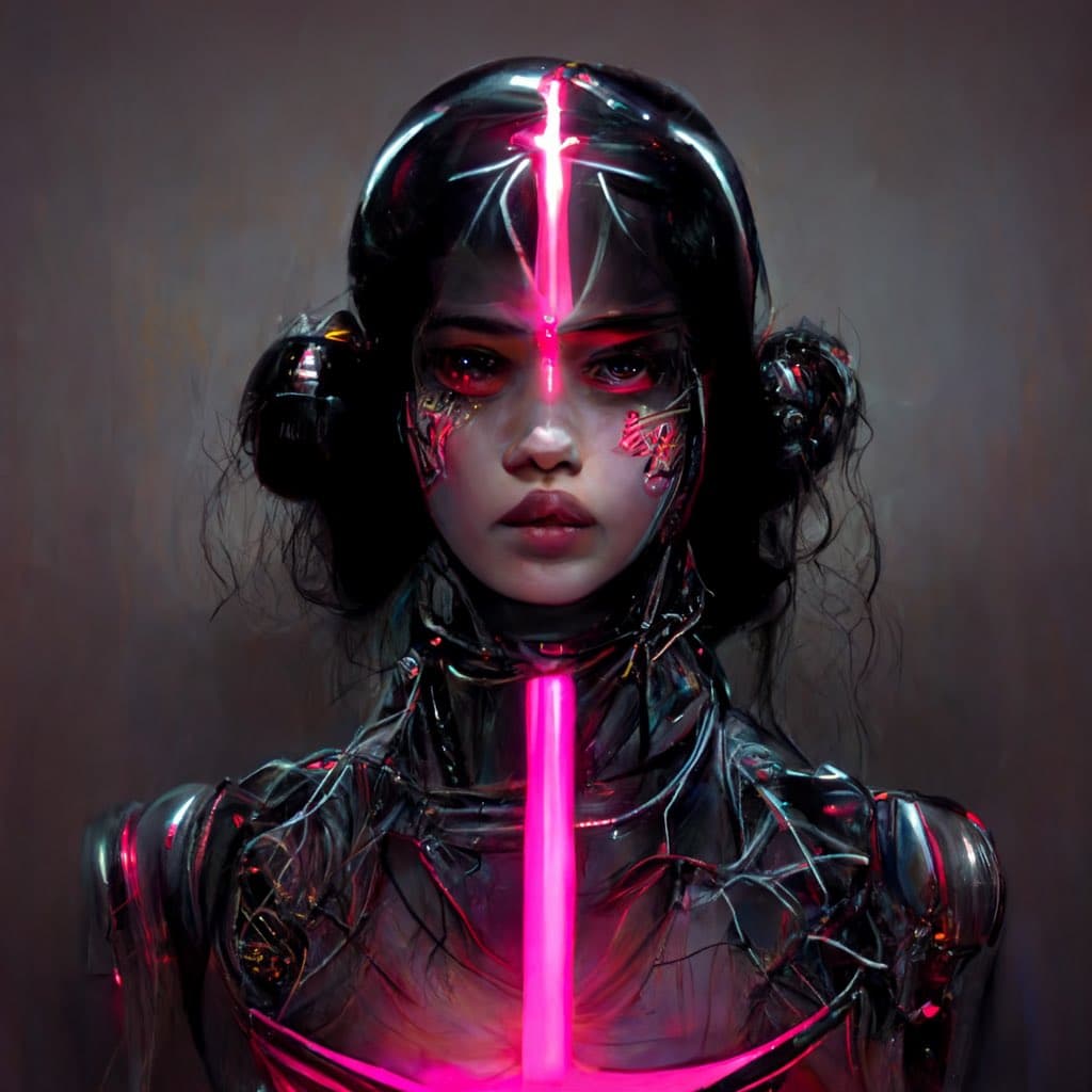 A digital artwork depicting a futuristic, cyberpunk-style figure with dark hair in buns, glowing red eyes, and metallic, chrome-like skin. A bright pink neon light runs vertically down the center of the figure's face and chest, illuminating the intricate, mechanical details of its body against a muted brown background.