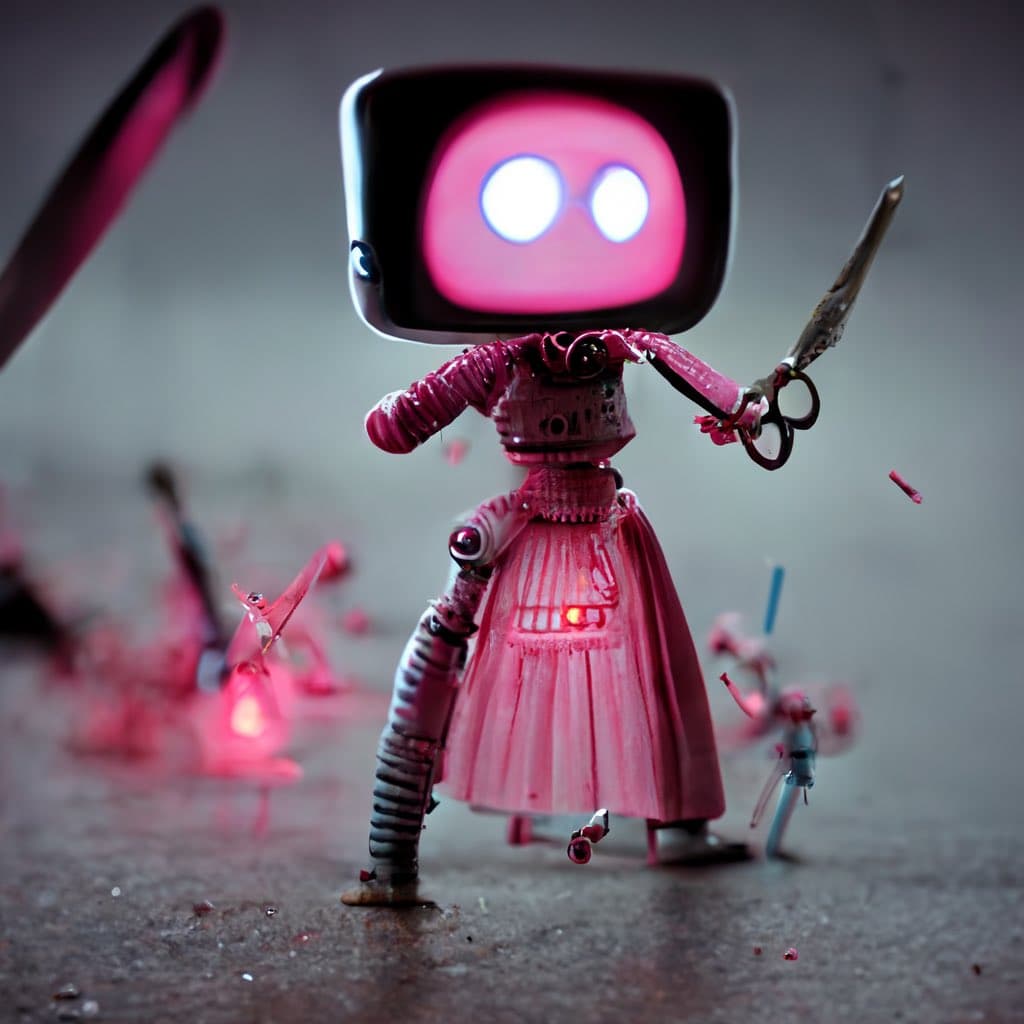 A digital illustration of a small, pink robot with a television screen for a head, displaying two glowing white eyes. The robot is wearing a pink dress and holding a pair of scissors in its right hand, standing on a textured surface with small, blurred figures in the background.