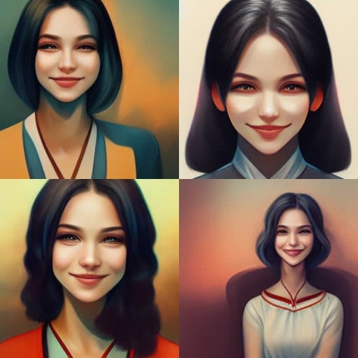A four-panel grid displaying four different AI-generated portrait illustrations of a young woman with dark hair, each featuring a unique hairstyle and clothing style. The images are arranged in a 2x2 layout against various colored backgrounds.