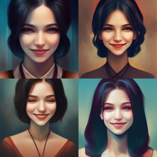 A four-panel grid of digital illustrations showing four variations of a young woman with dark hair and a gentle smile, each with slightly different hairstyles and backgrounds. The images appear to be AI-generated portraits.