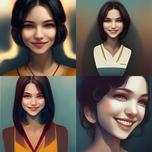A four-panel grid of AI-generated digital portraits showing a smiling woman with dark hair in various styles and outfits. The images feature a stylized, painterly aesthetic with soft lighting and warm color tones.