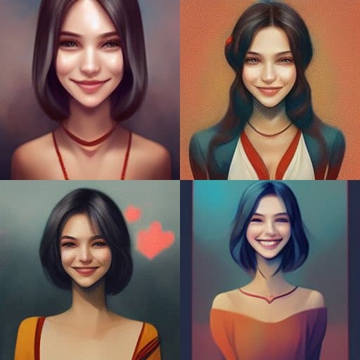 A four-panel grid of AI-generated digital portraits showing the same young woman with dark hair in different styles and outfits, each with a distinct background color. The images are arranged in a 2x2 layout, with the bottom-left panel featuring two small red hearts in the background.