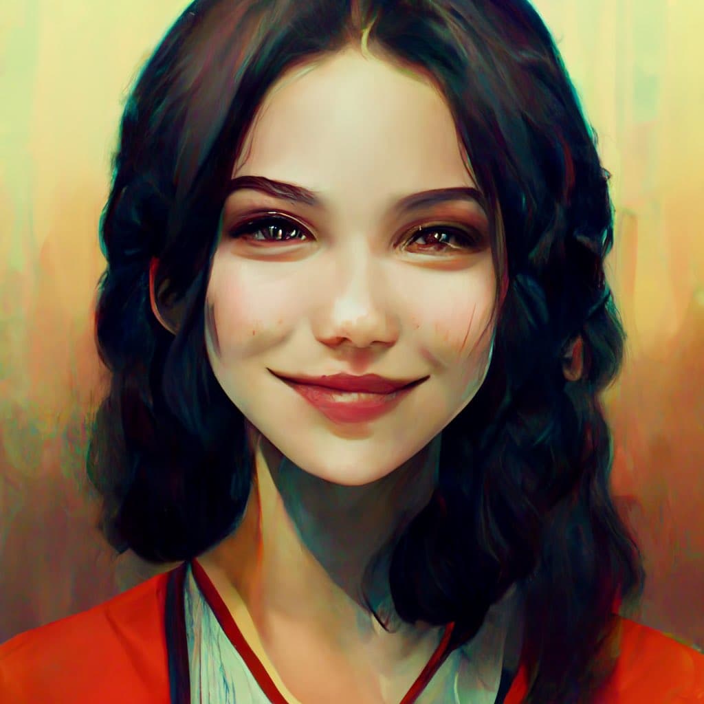 A digital painting of a young woman with dark, wavy hair and a gentle smile, wearing a red top against a warm, blurred background. The image has a soft, painterly style with visible brushstrokes and a warm color palette.