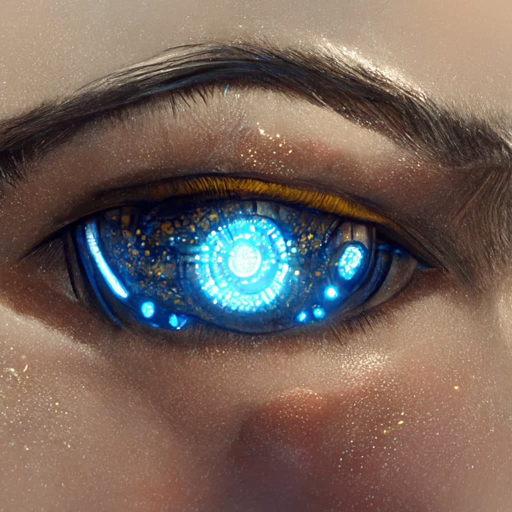 A close-up, digital art image of a human eye with a glowing, blue, cybernetic iris that resembles a circuit board or digital interface. The surrounding skin and eyebrow appear realistic, contrasting with the futuristic, illuminated pupil.