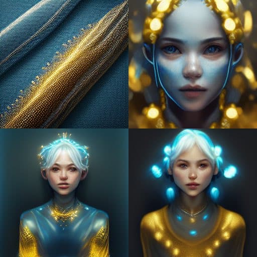 A four-panel digital art collage featuring a stylized female character with glowing, bioluminescent elements. The top-left panel shows a close-up of textured blue and gold fabric, while the other three panels display the character's face and upper body adorned with glowing gold or blue lights in her hair and on her skin.