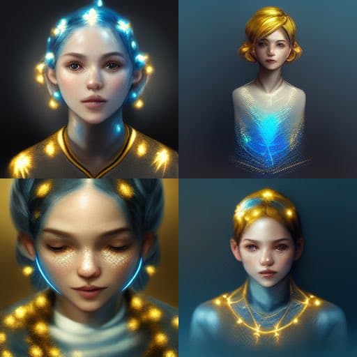 A four-panel digital art collage featuring stylized portraits of a young woman with glowing, bioluminescent light patterns on her face, hair, and chest. The images have a futuristic, ethereal aesthetic with blue and gold lighting effects.