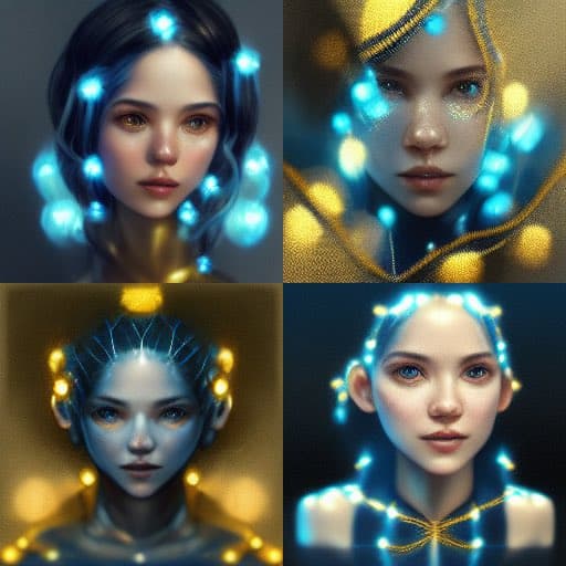 A four-panel grid of digital art portraits showing a young woman with glowing blue and yellow lights integrated into her hair and face. The images have a futuristic, ethereal aesthetic with soft lighting and detailed facial features. The style suggests AI-generated or digital fantasy art.