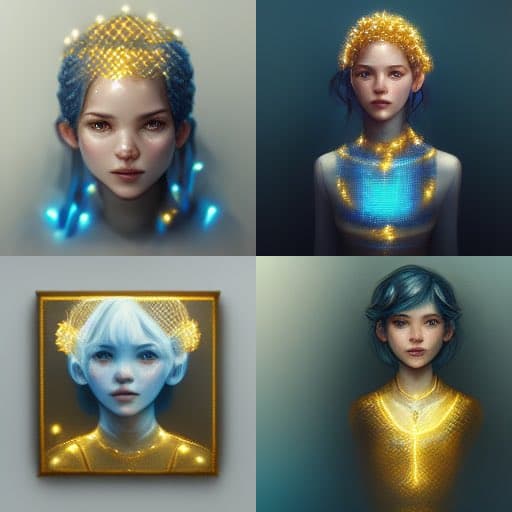 A four-panel grid of digital art portraits featuring a young woman with glowing, illuminated hair and accessories in various styles and colors.