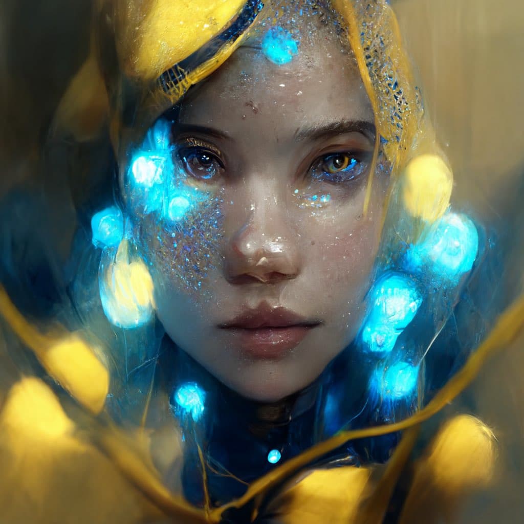 A digital art portrait of a person with glowing blue lights and yellow elements surrounding their face, creating a futuristic or ethereal aesthetic. The image features soft, painterly brushstrokes and a focus on the subject's expressive eyes and facial details.