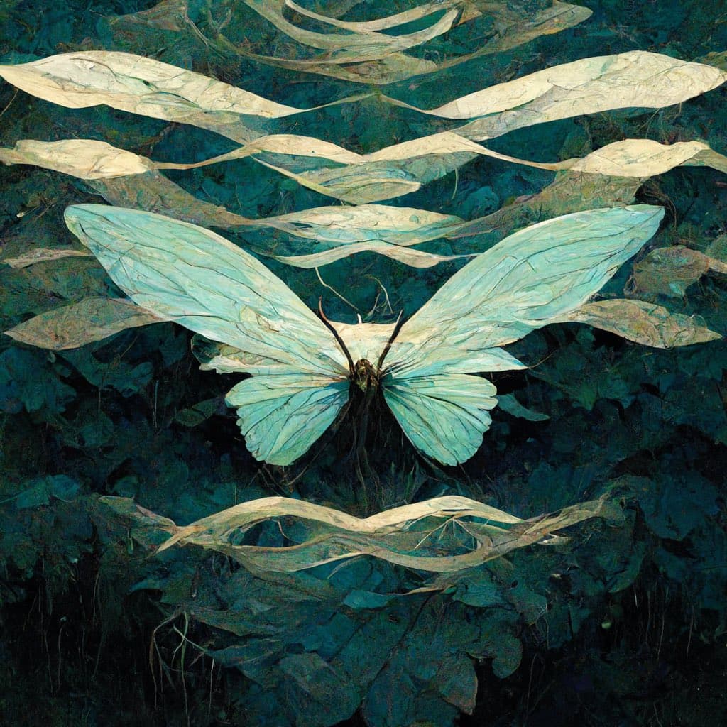 A digital artwork depicting a large, pale blue-green butterfly with delicate, veined wings resting on a dark, textured surface resembling deep water or foliage. The scene is surrounded by abstract, ribbon-like shapes in muted tones that create a sense of movement and depth.