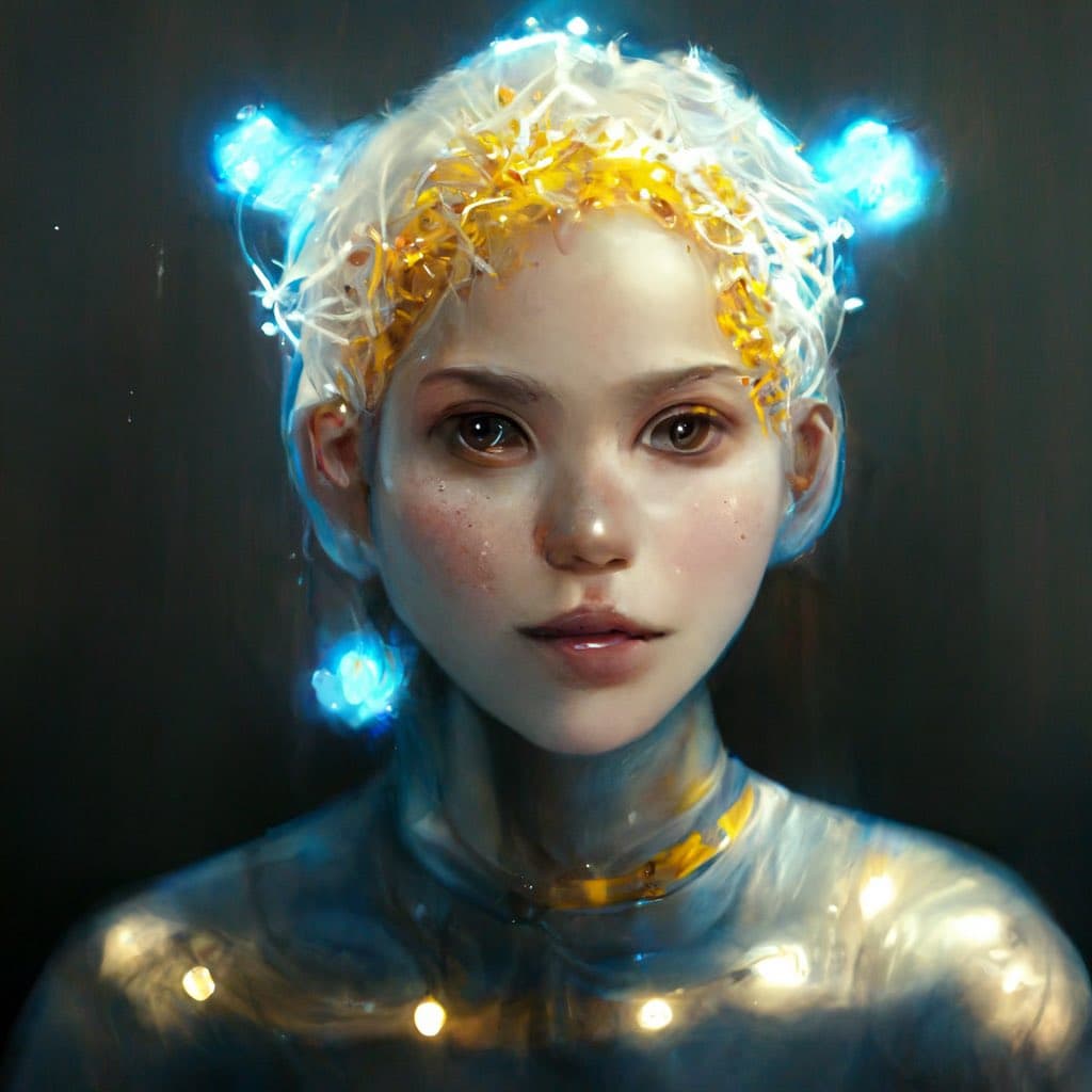 A digital artwork depicting a person with short white hair, wearing a golden headpiece and glowing blue orbs around their head and shoulders. The figure has a serene expression and is adorned with small, glowing lights on their chest and neck.