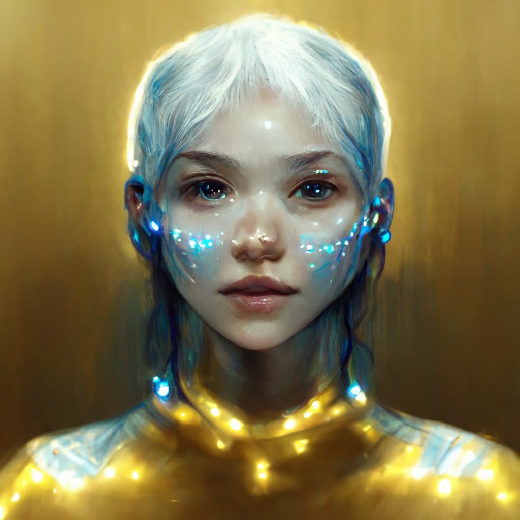 A digital portrait of a person with short white hair, glowing blue accents on their face and ears, and a shiny golden top, set against a warm golden background. The image has a futuristic, sci-fi aesthetic with luminous, reflective details.