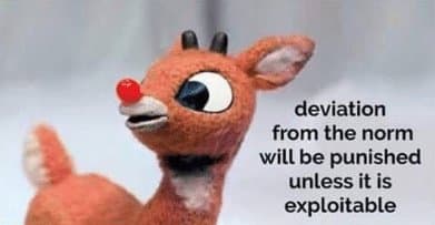 A close-up of a felted reindeer toy with a red nose and large eyes, looking to the left against a blurred background. Black text is overlaid on the right side of the image.