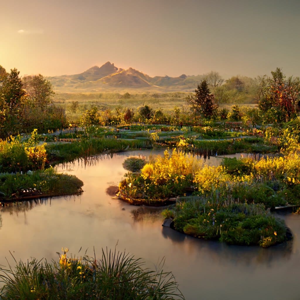 A serene landscape photograph showing a wetland or marsh area with calm water reflecting the warm light of a sunrise or sunset. In the background, a mountain range is visible under a hazy, golden sky, while the foreground features lush green vegetation and yellow wildflowers growing in the water.