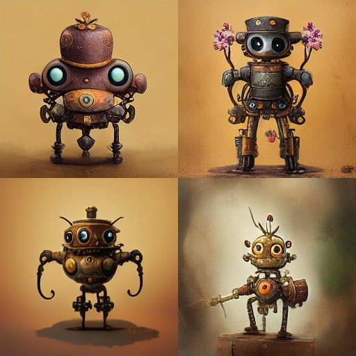 A four-panel grid of digital illustrations depicting various steampunk-style robots with rusty metal bodies, glowing eyes, and mechanical limbs. The robots are shown in different poses, with one holding flowers and another holding a tool, all set against warm, earthy backgrounds.