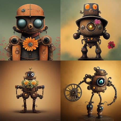 A four-panel grid displaying different AI-generated illustrations of a steampunk robot character, each featuring unique designs with brass and copper textures, gears, and flowers.