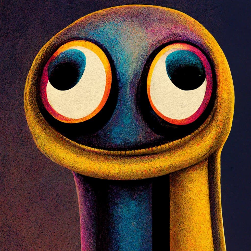 A colorful, textured illustration of a wide-eyed, cartoonish character with a long neck, resembling a stylized owl or bird.