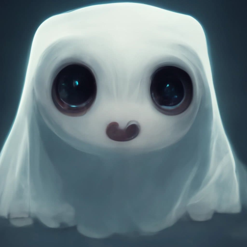 A digital illustration of a cute, white, ghost-like creature with large, dark, glossy eyes and a small, heart-shaped mouth. The character has a soft, rounded appearance and is set against a dark, blurred background.