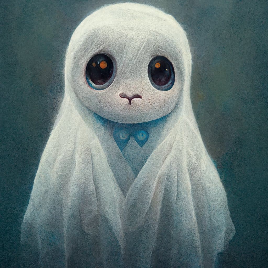 A digital painting of a small, white, ghost-like creature with large, dark eyes and a tiny mouth, wrapped in a white sheet against a dark background. The creature has a soft, textured appearance and a pair of blue, circular details on its chest. The image is a piece of digital art, not a text-bearing document or screenshot.