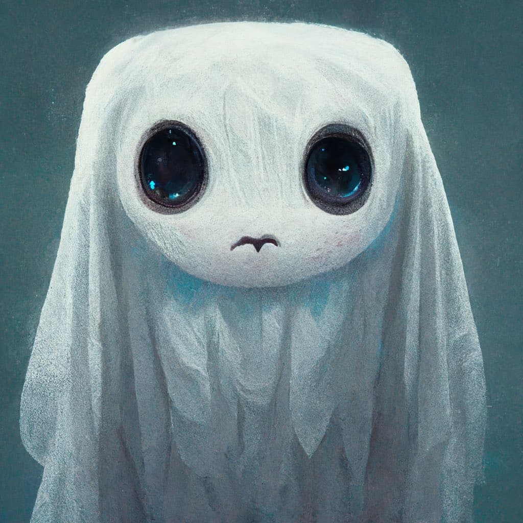 A digital illustration of a white, ghost-like character with long hair, large dark eyes, and a small, downturned mouth, set against a dark teal background.