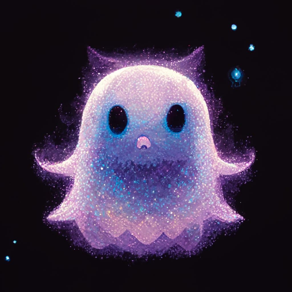 A digital illustration of a cute, ghost-like creature with a sparkly, glittery texture in shades of purple, blue, and white. The character has large black eyes, a small pink mouth, and small pointed ears, set against a black background with a few glowing blue particles.