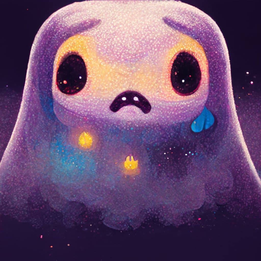 A digital illustration of a cute, purple, ghost-like character with large, dark eyes and a small, frowning mouth. The character has a textured, grainy appearance with glowing yellow spots on its body and a blue teardrop on its cheek, set against a dark, starry background.