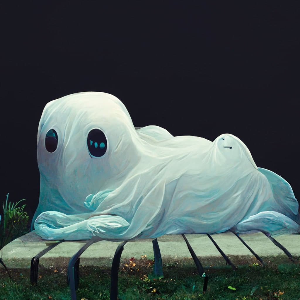 A digital illustration of a large, pale, ghost-like creature with large dark eyes and a small mouth, lying down on a park bench against a black background. The creature has a soft, fabric-like texture and appears to be resting.