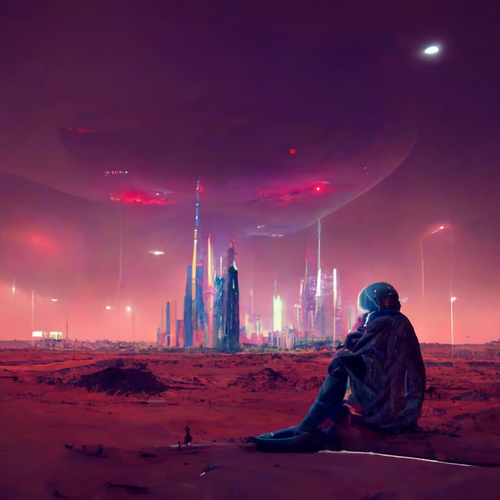 A digital artwork depicting a lone astronaut in a spacesuit sitting on a barren, reddish landscape, gazing toward a distant, glowing futuristic city under a purple sky. A large, translucent dome or structure hovers above the city, and a bright light source is visible in the upper right sky.