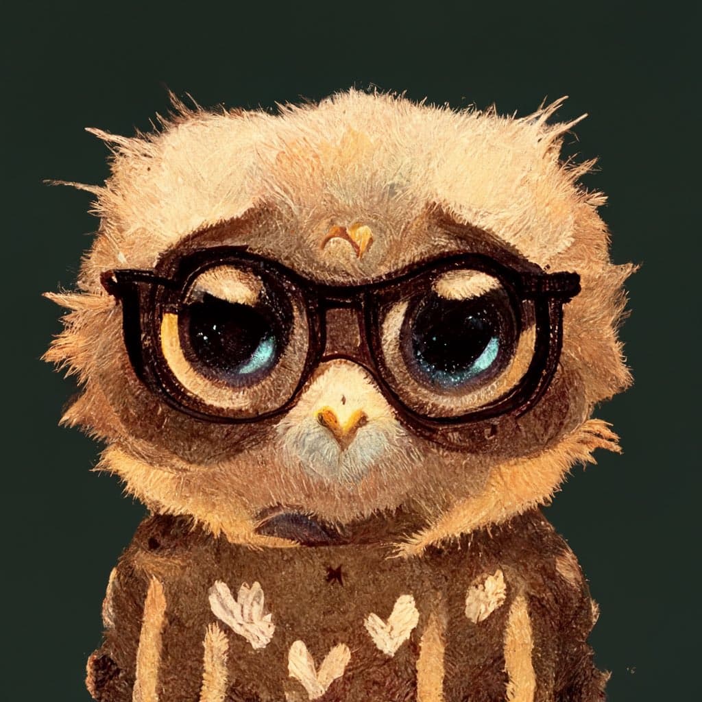 A close-up portrait of a fluffy, light-brown owl wearing black-rimmed glasses against a dark green background. The owl has large, expressive blue eyes and appears to be wearing a brown sweater with a white pattern on its chest.