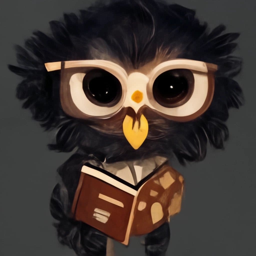 A digital painting of a black owl with large, round glasses and a yellow beak, holding an open book. The owl has a slightly stern or focused expression, set against a plain gray background.