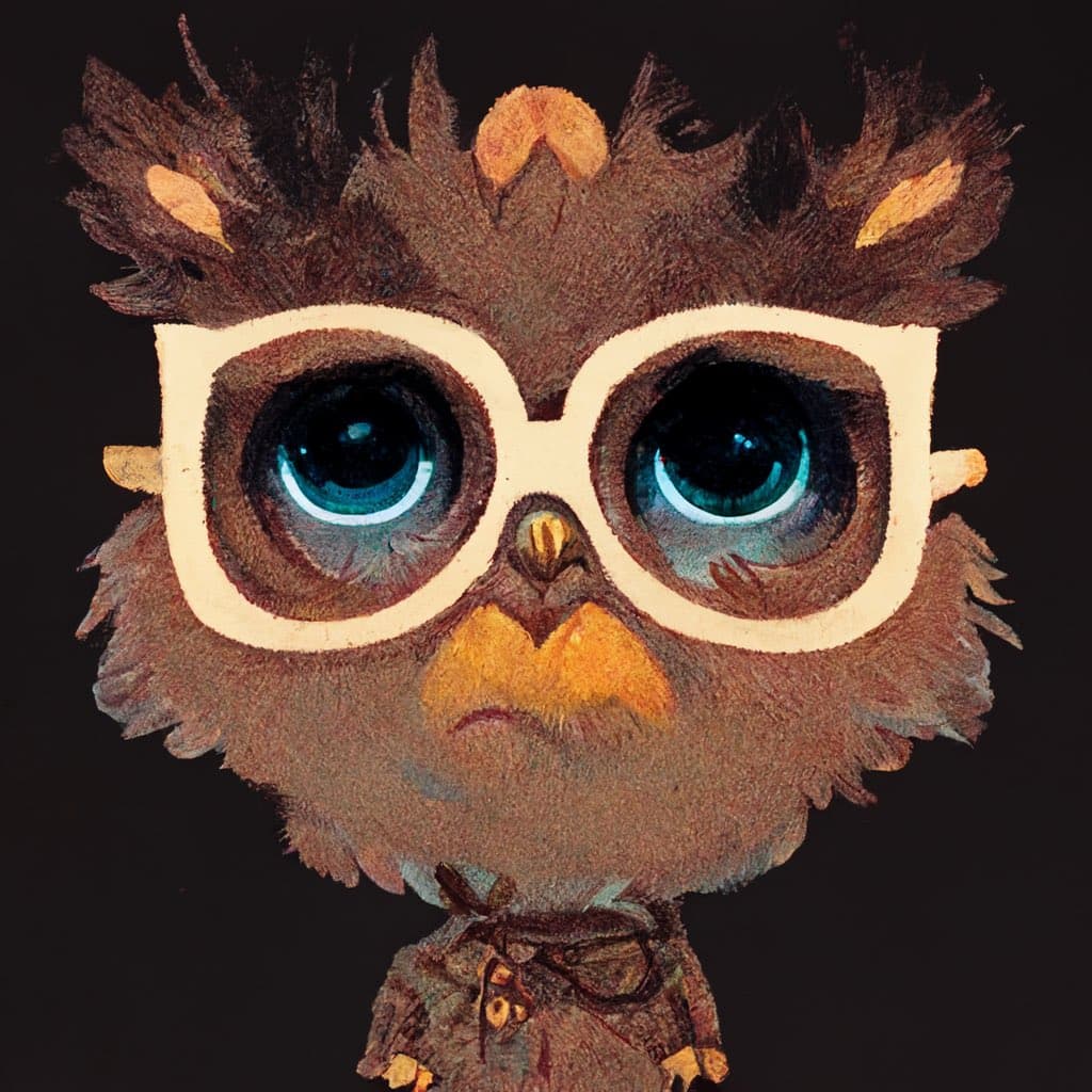 A digital illustration of a fluffy brown owl with large, expressive blue eyes and white-rimmed glasses, set against a black background. The owl has a small yellow beak and a slightly concerned expression.