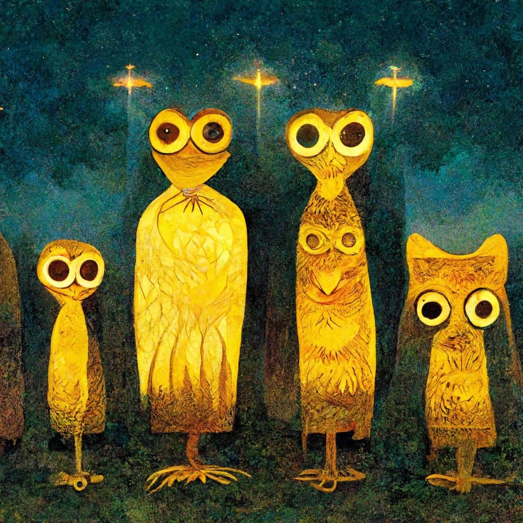 A whimsical painting depicting four stylized, yellow owls with large, round eyes standing in a row against a dark blue background. Above each owl is a glowing, cross-shaped light, creating a halo effect.