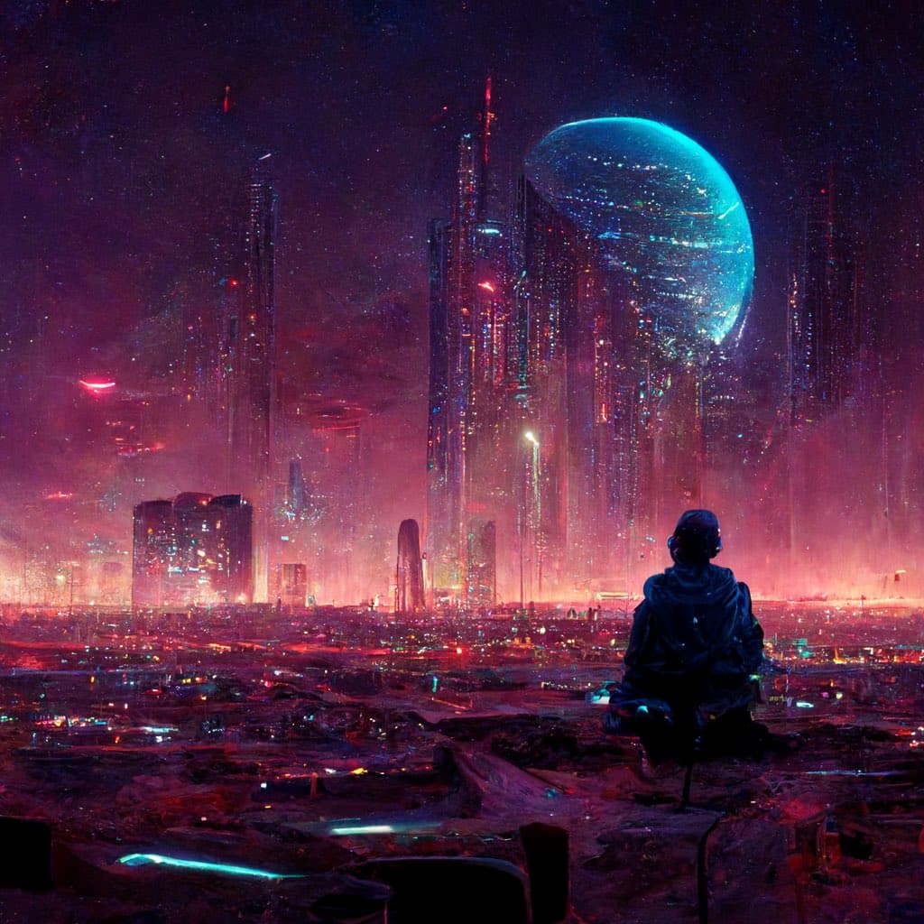 A digital artwork depicting a futuristic, neon-lit cityscape at night with a large, glowing blue planet in the sky. A lone figure sits in the foreground on a rocky outcrop, gazing at the sprawling metropolis.
