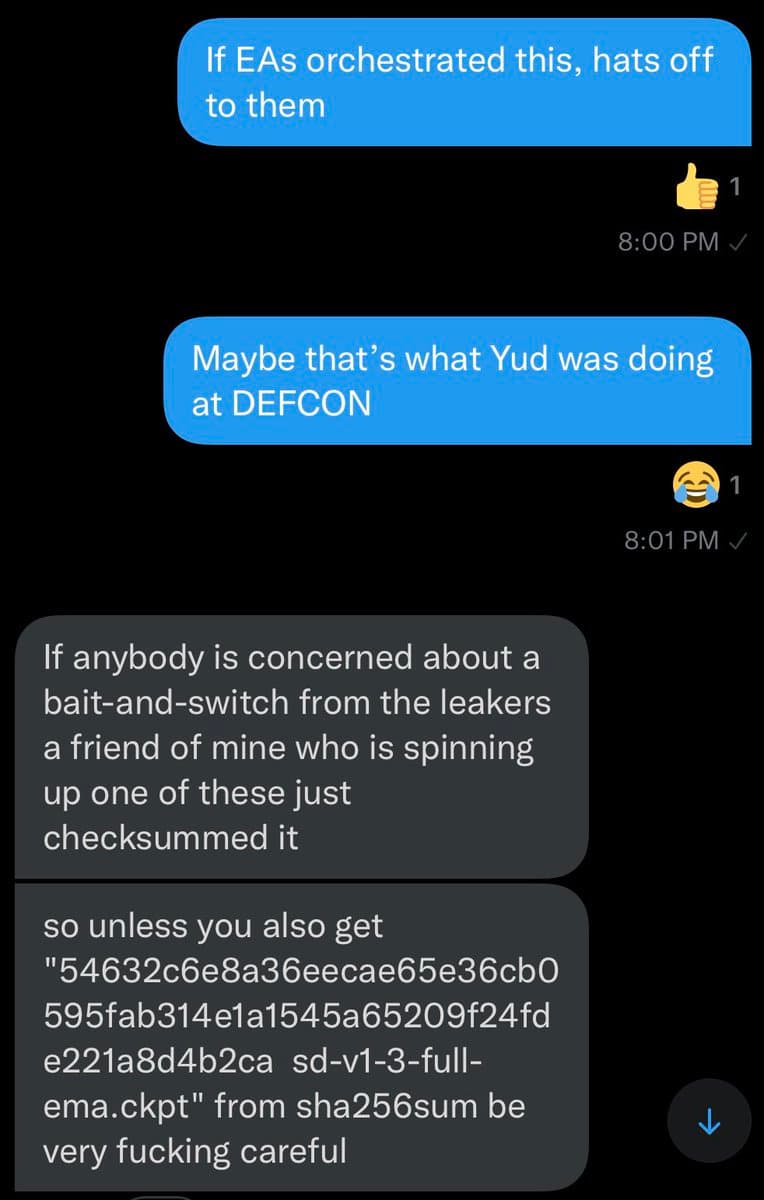 A screenshot of a text message conversation on a dark-mode phone interface. The messages discuss verifying a file's integrity using a checksum, with one user sharing a specific SHA-256 hash to warn against a potential 'bait-and-switch' by leakers.