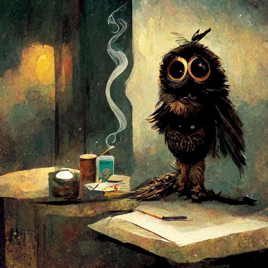 A digital painting depicts a large, dark-feathered owl with wide, glowing eyes standing on a stone ledge next to an open book and a pen. To the left, a small table holds a lit candle, a cup, and a smoking cigarette in a teal ashtray, set against a dimly lit, textured background.