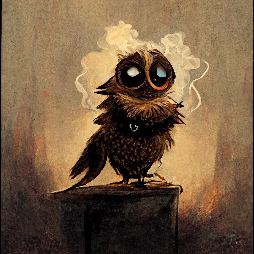 A digital painting of a small, tired-looking owl with large, dark-ringed eyes perched on a dark pedestal. The owl has a cigarette in its beak with smoke rising from its head, set against a textured, sepia-toned background.