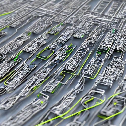 A close-up photograph of a sheet of metal stampings, showing the intricate outlines of numerous small mechanical parts arranged in a grid pattern. The image has a shallow depth of field, with the foreground and background blurred to emphasize the central details of the metal components.