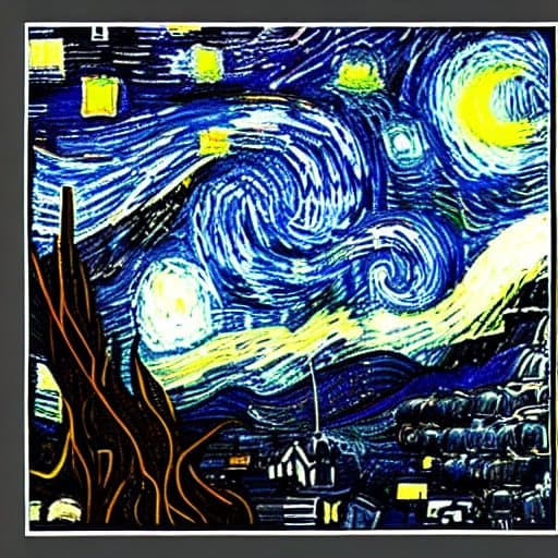 A digital artwork depicting a night sky with swirling blue and white patterns, a bright yellow moon, and stars, inspired by Van Gogh's 'The Starry Night.' The foreground features a dark, flame-like cypress tree on the left and a village with glowing windows below.
