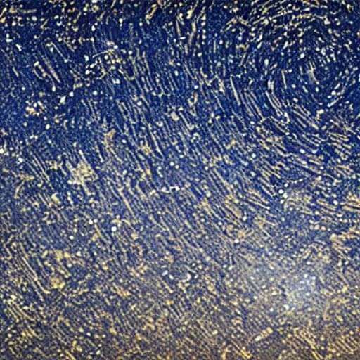 A close-up, abstract image of a textured surface featuring a dark blue background with scattered, irregular patterns of white and yellowish-gold specks and streaks. The image appears to be a macro photograph of a material like painted wood, stone, or a decorative finish.