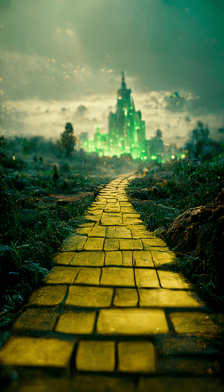 A digital artwork depicting a glowing yellow brick road stretching through a dark, grassy landscape toward a distant, illuminated green castle under a cloudy sky. The scene is a visual reference to the 'Wizard of Oz' story.