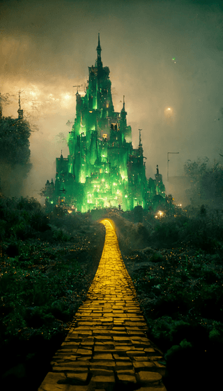A dramatic, atmospheric photograph of a castle illuminated in green light, with a yellow brick road leading toward it through a dark, misty landscape. The scene evokes the setting of 'The Wizard of Oz.'