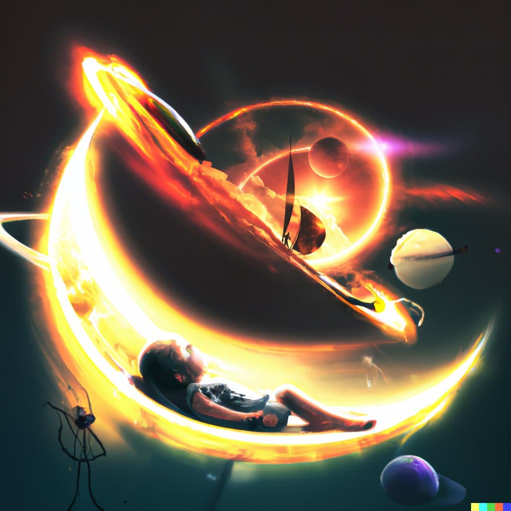 A surreal digital artwork depicting a figure reclining on a glowing, fiery crescent shape that resembles a boat or sail, set against a cosmic background with planets and a bright sun. The scene evokes a dreamlike, otherworldly journey through space.