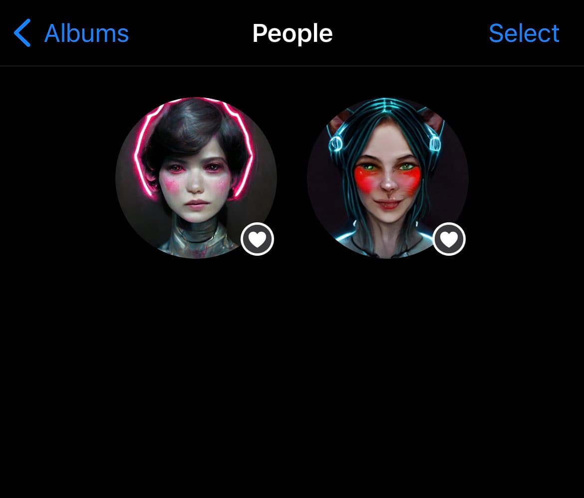 A screenshot of a phone's photo album app showing a 'People' category with two circular profile pictures of AI-generated female characters. The interface includes navigation buttons for 'Albums' and 'Select' at the top.