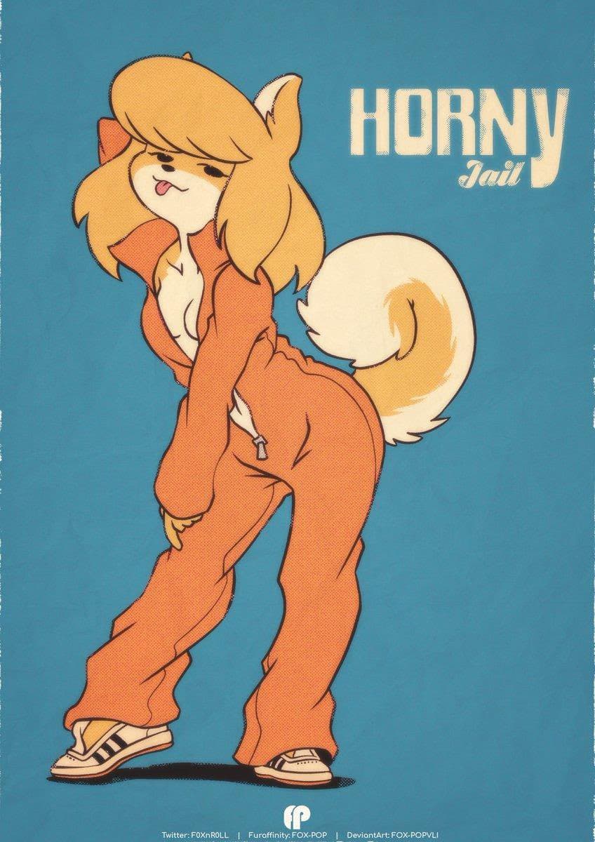 A digital illustration of an anthropomorphic fox character with blonde hair and a large tail, wearing an orange jumpsuit and white sneakers, standing against a blue background. The image features the text 'HORNY Jail' in the upper right corner and artist credits at the bottom.