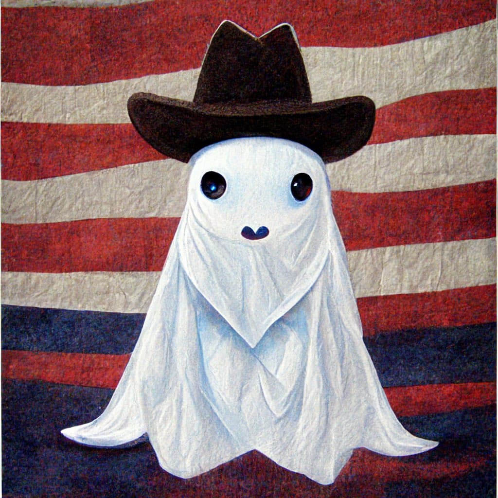 A whimsical illustration of a white sheet ghost wearing a black cowboy hat, set against a background of red and white stripes. The ghost has large, dark eyes and a small, simple mouth.