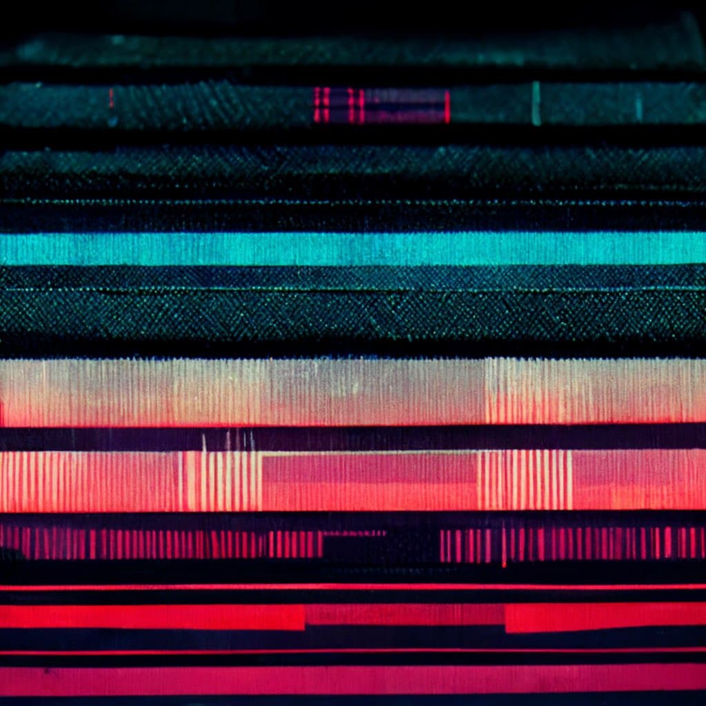 A close-up photograph of a digital audio waveform display on a screen, showing multiple horizontal tracks in red, pink, and cyan against a dark background. The image captures the pixelated texture of the monitor, highlighting the vertical bars that represent sound amplitude.