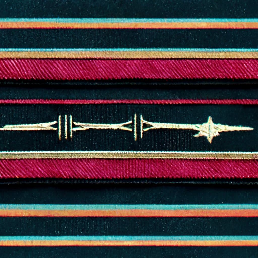 A close-up photograph of a dark fabric featuring horizontal stripes in red, teal, and gold, with a central black band containing a gold embroidered symbol resembling a stylized staff or wand with a star at the tip.